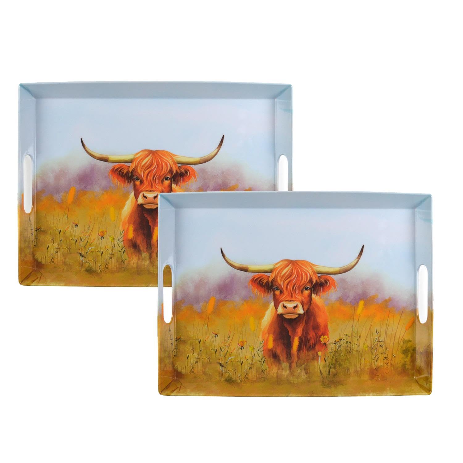 YöL Pack of 2 Highland Cow Serving Tray Design - Drinks Food Snacks Carrier With Handles - Plastic Melamine - Breakfast Lunch Dinner Summer Dining Watercolour Animal Print
