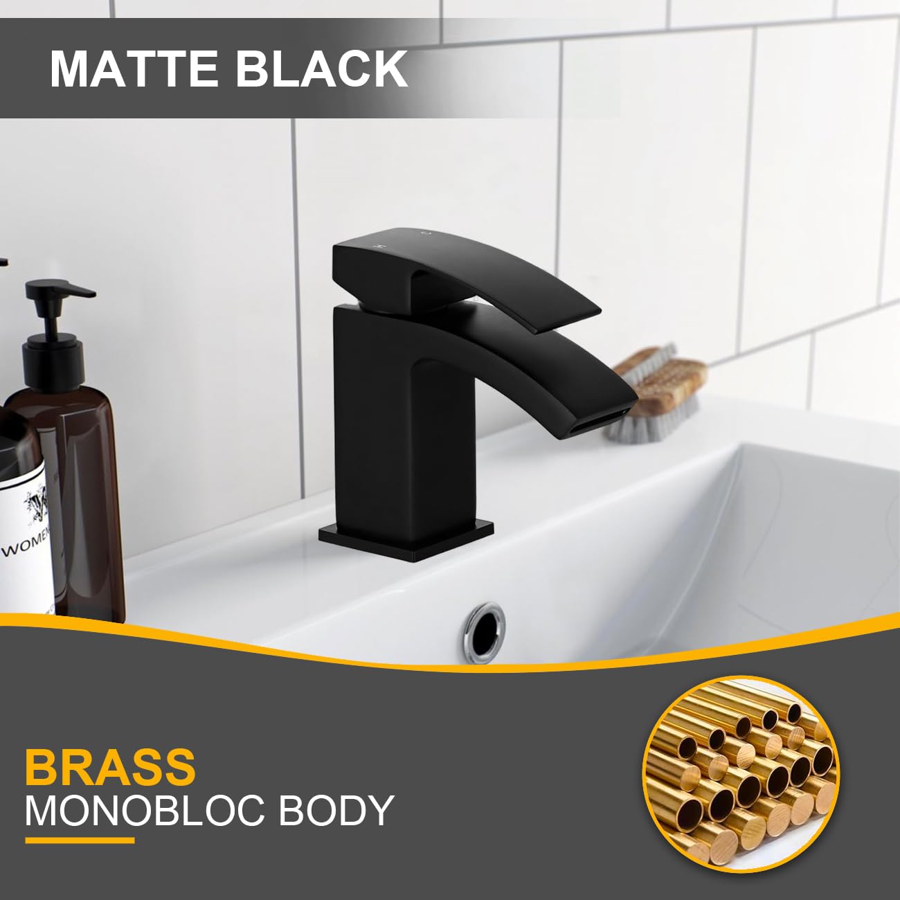 Waterfall Bathroom Sink Taps with Drain, BATHWEST Matte Black Square Basin Taps with Pop Up Waste - Image 2