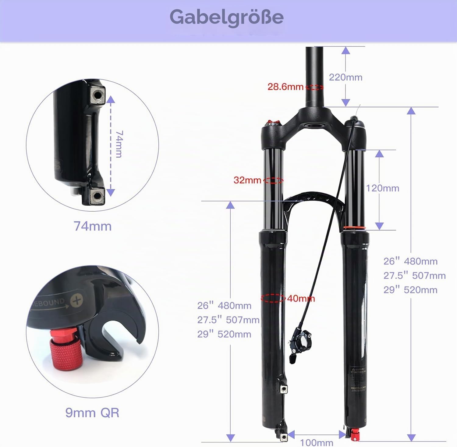 MTB Fork, 26/27.5/29 Inch Suspension Air Fork, Rebound Adjust, Travel 120 mm, QR 9 mm, 1-1/8 Straight Tube, Ultralight Mountain Bike Front Fork for XC/AM Bike