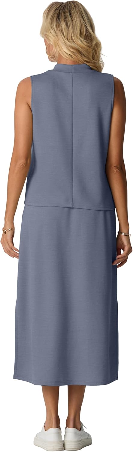 GRECERELLE Two Piece Skirt Sets for Women Sleeveless Mock Neck Top Split Maxi Skirt Vacation Travel Matching Set with Pockets - Image 5
