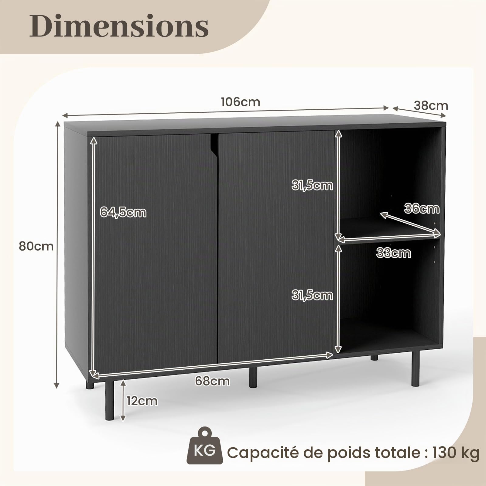 KOMFOTTEU Buffet Cuisine, 1 Armoire à Portes & 2 Étagère Ouvertes, Meuble Cuisine avec Dispositifs Anti-basculement, Armoire Rangement, 106 x 38 x 80 cm, pour Salon, Salle à Manger, Chambre (Noir)