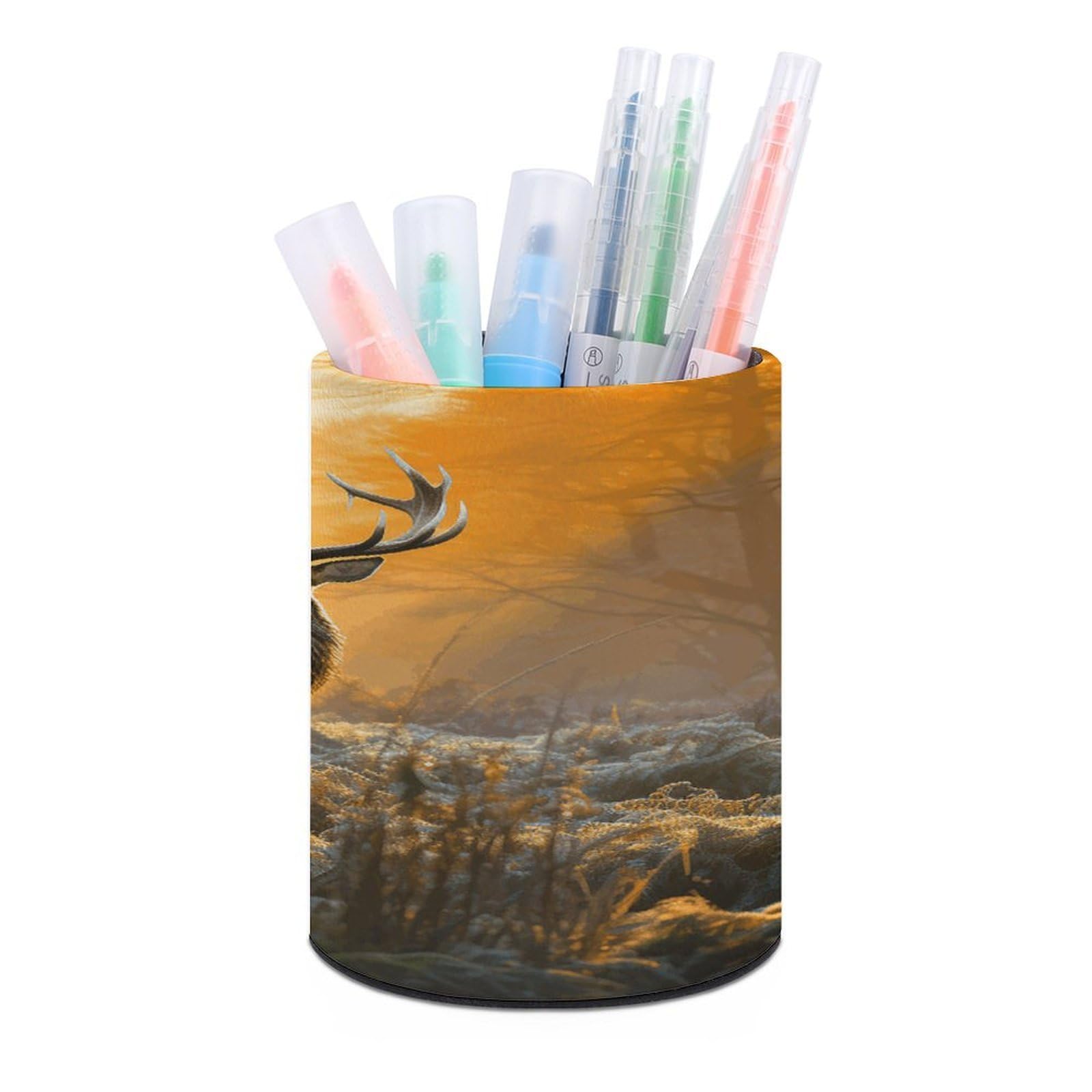 VstaDank Deer in Forest Pen Holder PU Leather Pencil Cup Minimalist Desk Pencil Holder Round Make Up Brush Organizers For Office Dorm Room&Vanity Desk Accessories