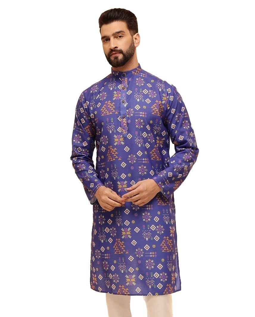 Sojanya (Since 1958 Men's Cotton Linen Ethnic Motifs Printed Blue Only Long Kurta