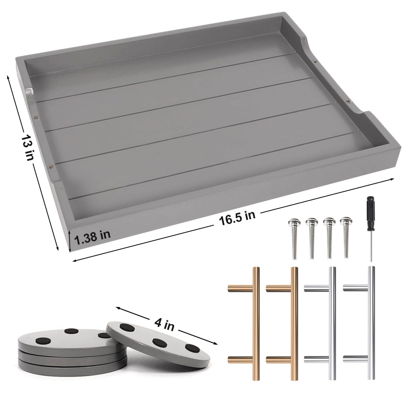 SXNOWS Bandeja otomana Grande de Madera, con Asas, Incluye 4 Posavasos Redondos, Bandeja para Servir Mesa de café para Sala de Estar, Gris (2 Juegos)