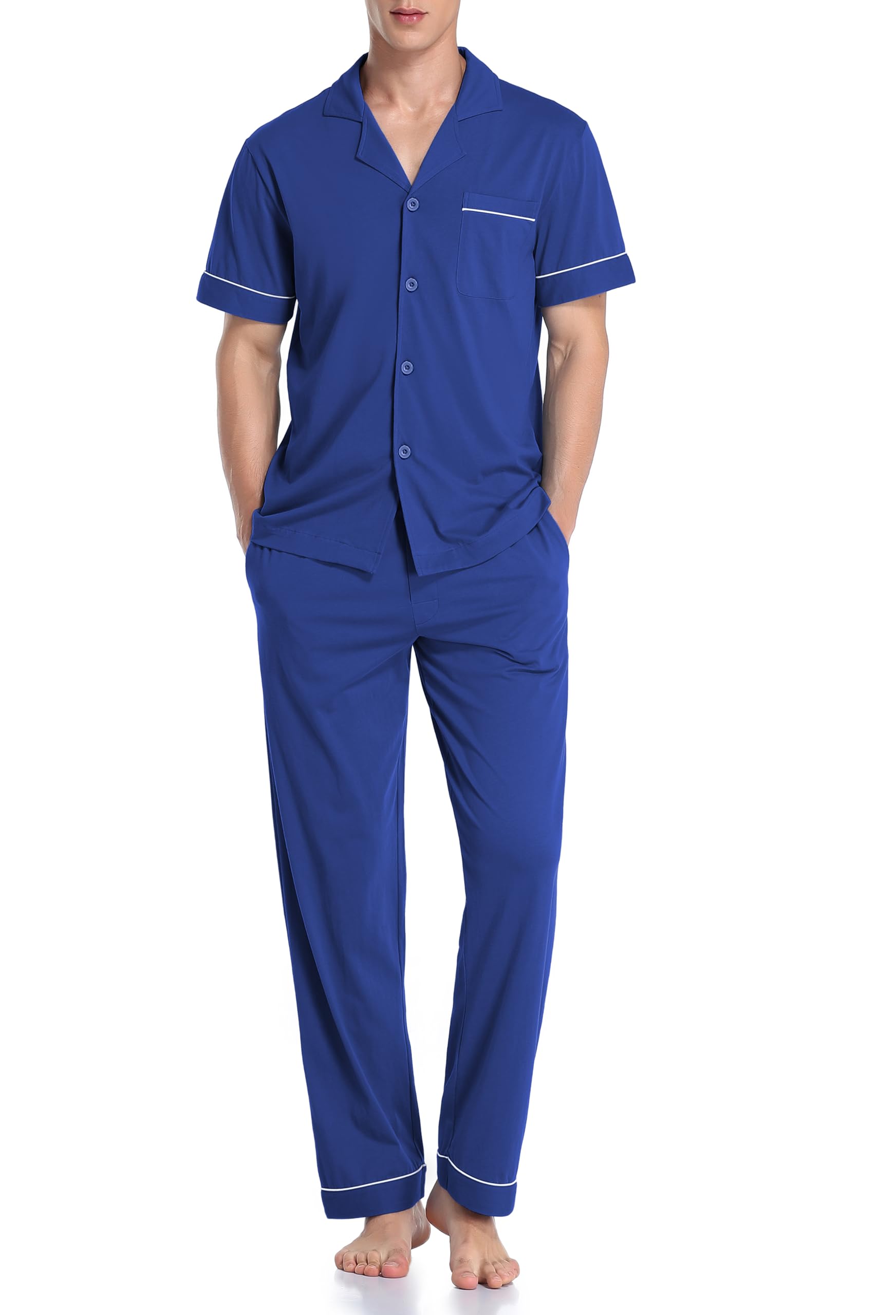 COLORFULLEAF Men's 100% Cotton Pajamas Set Button Down Sleepwear Short Sleeve and Long Pants Pjs