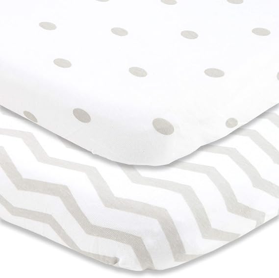 Cuddly Cubs Pack and Play Sheets Fitted – for Graco Pack n Play Playard – 2 Pack – Snuggly Soft Jersey Cotton Mini Crib Mattress Sheets Set for Baby Boy, Girl – Grey Polka Dots, Chevron