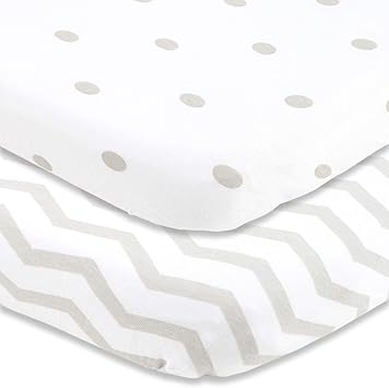 Cuddly Cubs Pack and Play Sheets Fitted – for Graco Pack n Play Playard – 2 Pack – Snuggly Soft Jersey Cotton Mini Crib Mattress Sheets Set for Baby Boy, Girl – Grey Polka Dots, Chevron