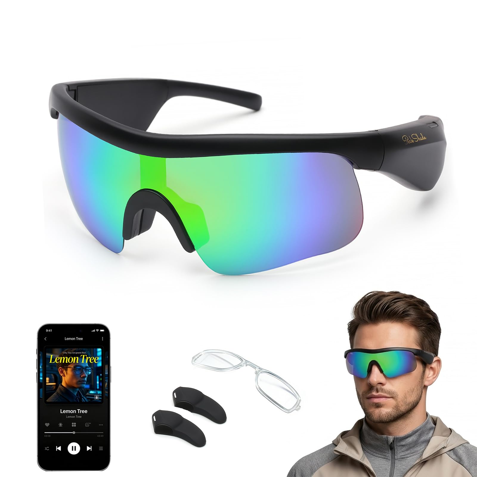 Peak Shade Smart Glasses, Sport Sunglasses Bluetooth 5.3, Voice Control Open-Ear Speaker, Polarized UV400 Protection, Magnetic Charging, IPX5 Waterproof Glasses for Outdoor(Black/Green)-image-23