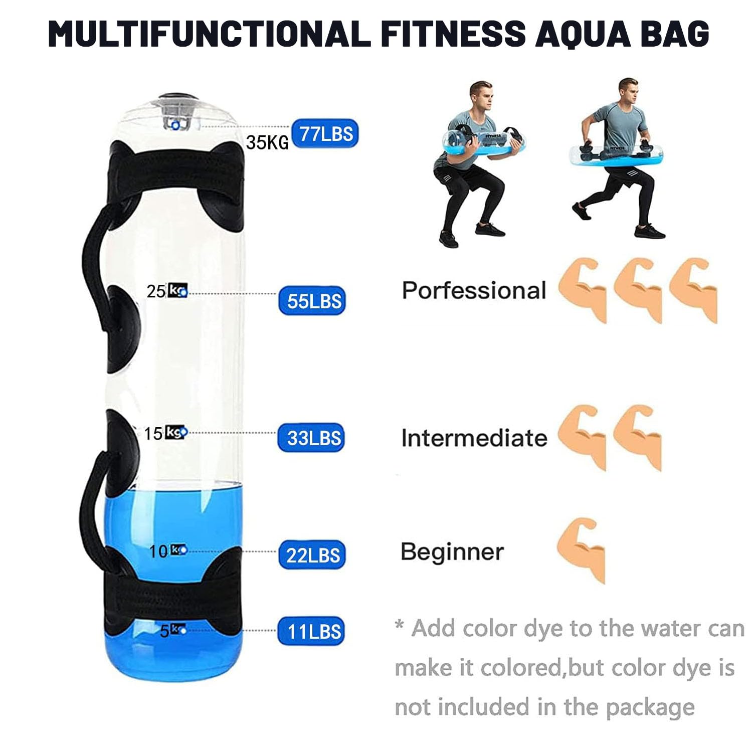 Aqua Bag Poids à eau 35 kg Sac de sable alternatif Sacs de sable réglables pour squat Équipement d'entraînement de force Fitness et exercice