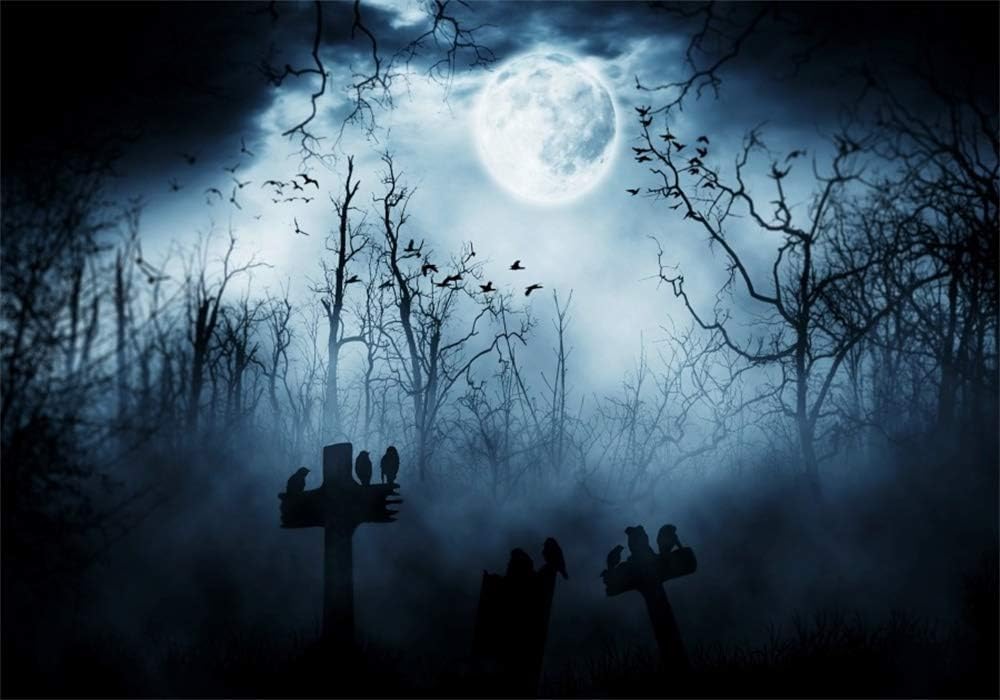 AOFOTO 12x8ft Moon Night Halloween Cemetery Photography Backdrop Flying Bats Birds Stand on Gravestone Cross Graveyard in Dark Forest Photo Background