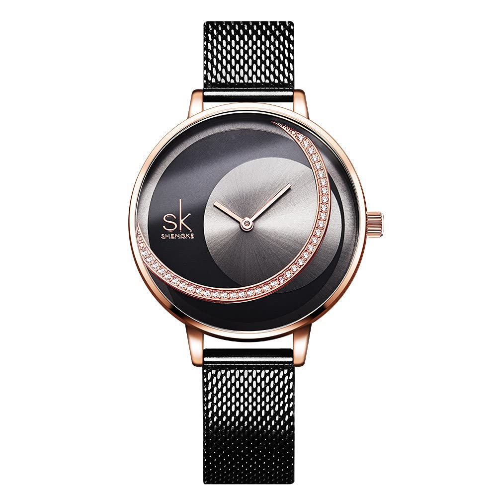 SHENGKE Analogue Womens Black/Rose Gold Dial Watch - 11K0088L04SK (Black Strap) (B09CG6HRB1) Amazon Price History, Amazon Price Tracker