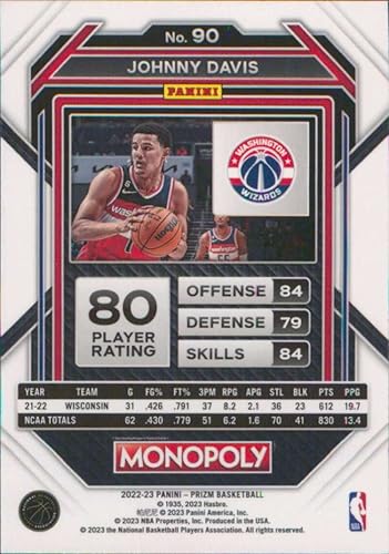 Miniatura 2 de 2022-23 PANINI MONOPOLY PRIZM #90 JOHNNY DAVIS RC WASHINGTON WIZARDS BASKETBALL OFFICIAL TRADING CARD OF NBA