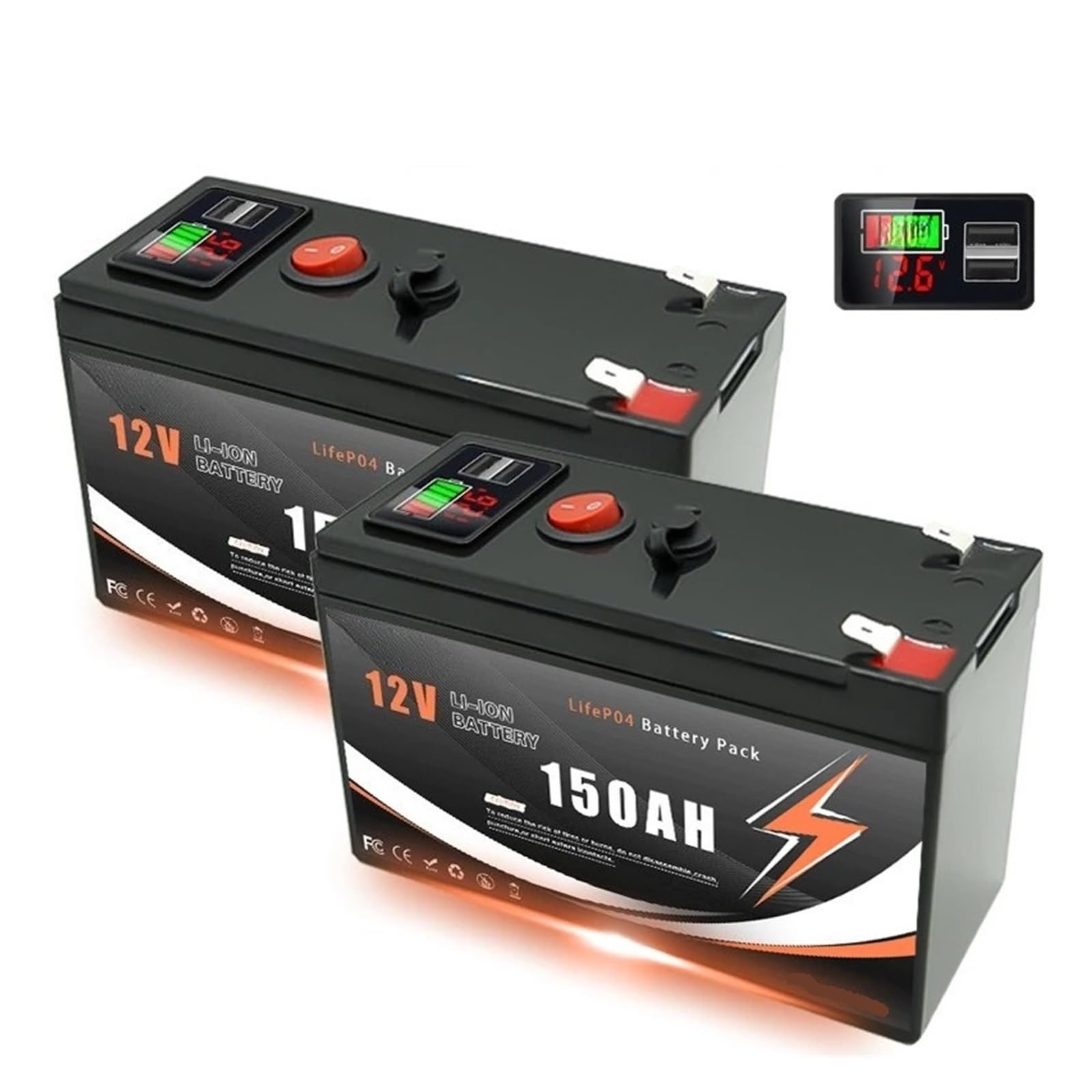 Batteria A Ciclo Profondo 12V 60/80/100/120/150Ah | Pacco batteria agli ioni di litio con display e doppia porta USB BMS integrato(12V 100Ah)
