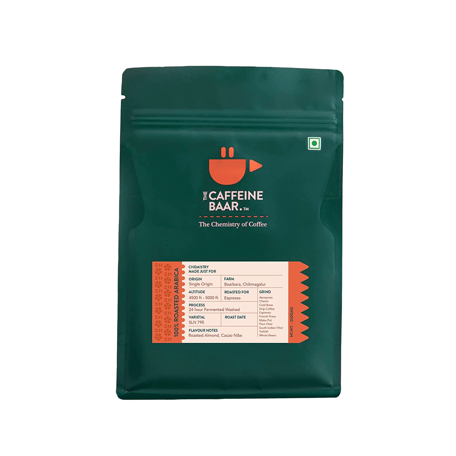 The Caffeine Baar | 24 Hour Fermented Washed Coffee (250 gms, Espresso Grind) | Freshly Roasted 100% Arabica Coffee | Roasted Almonds, Cacao Nibs Flavour | Chikmagalur Farms