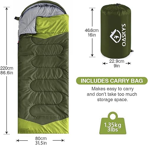 Miniatura 9 de oaskys Saco de dormir para campamento, 3 estaciones, clima cálido y fresco, verano, primavera, otoño, ligero, impermeable, para adultos y niños,