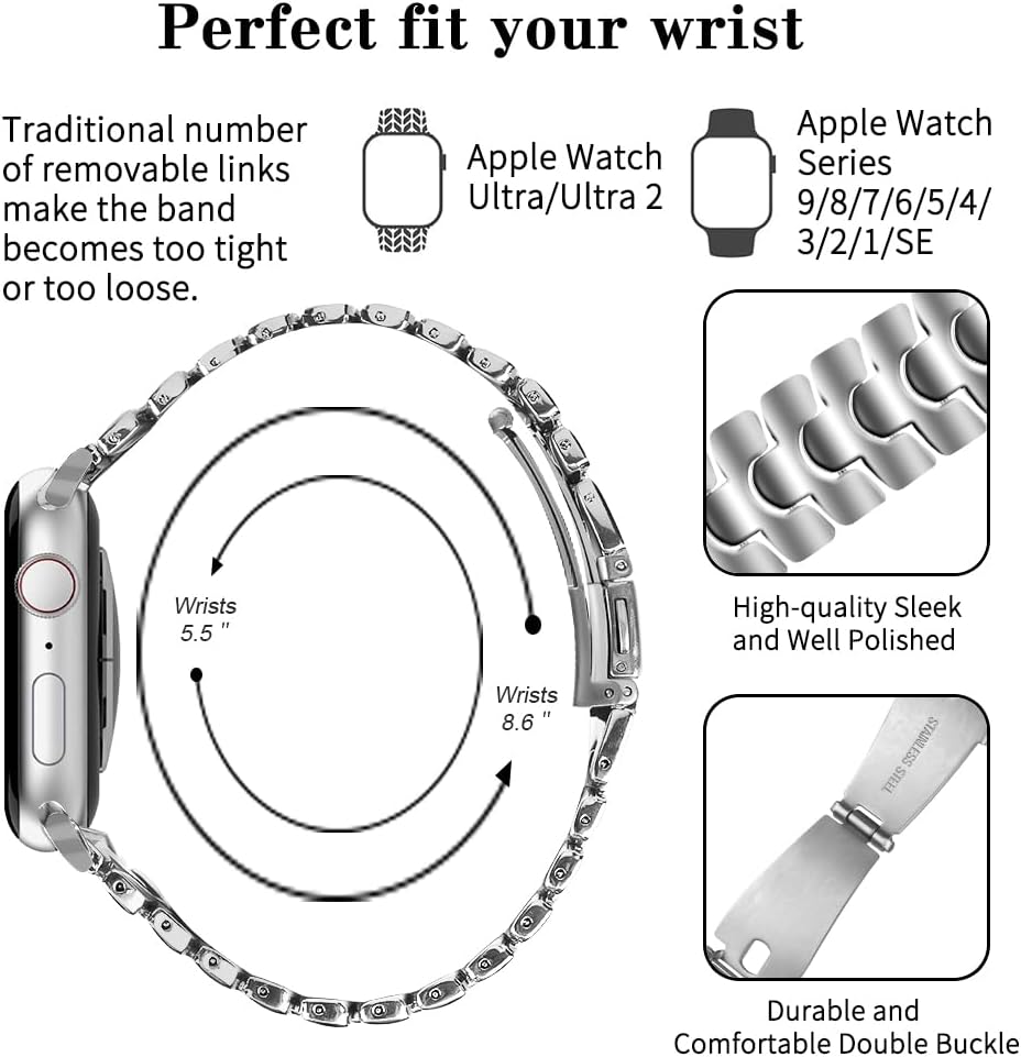 Thin Metal Band Compatible with Apple Watch Band 38mm 40mm 41mm 42mm 44mm 45mm 49mm, Dressy Stainless Steel Chain Strap, Slim Fancy iWatch Band with Case for Women Men