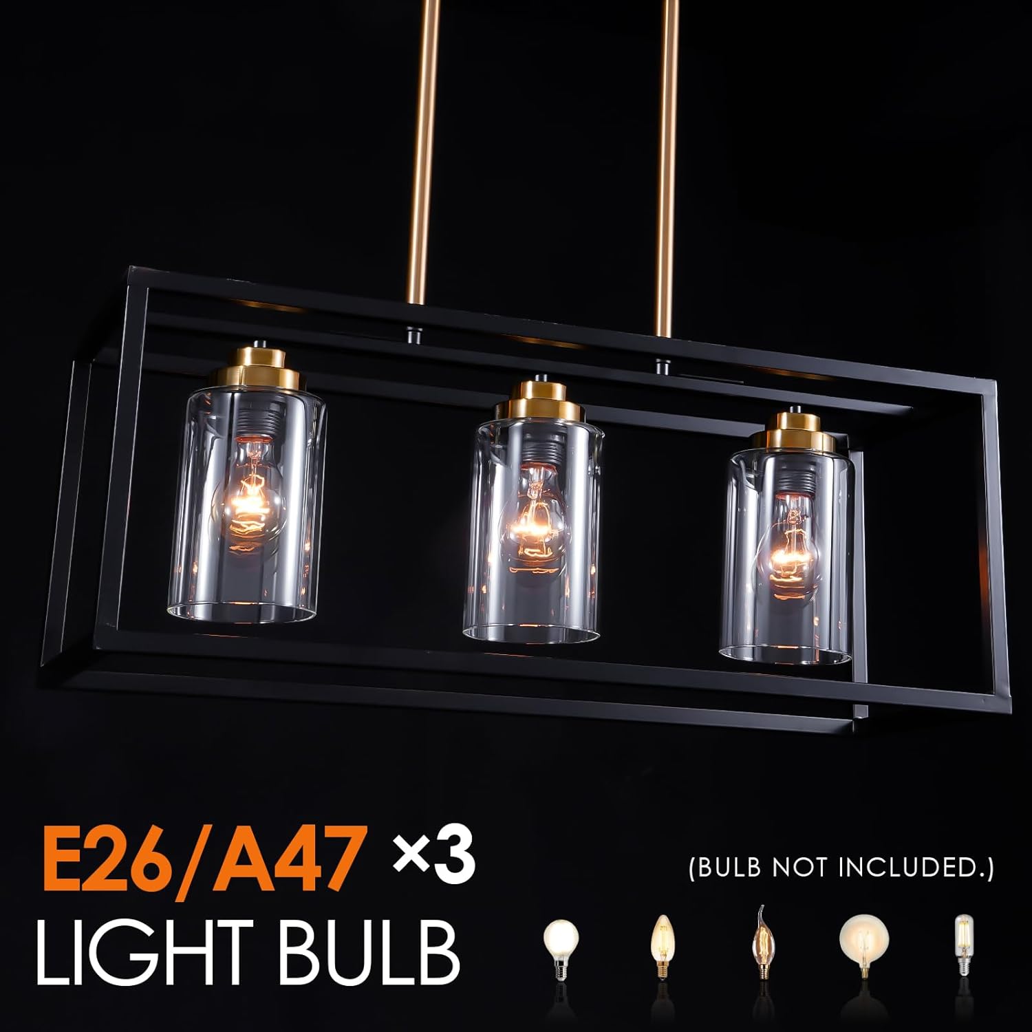 Black Farmhouse Kitchen Island Lighting, Modern Industrial Chandelier, 3-Light Linear Rectangular Pendant Light Fixtures for Farmhouse Kitchen Dining Room Bar Foyer(Metal, Height Adjustable)