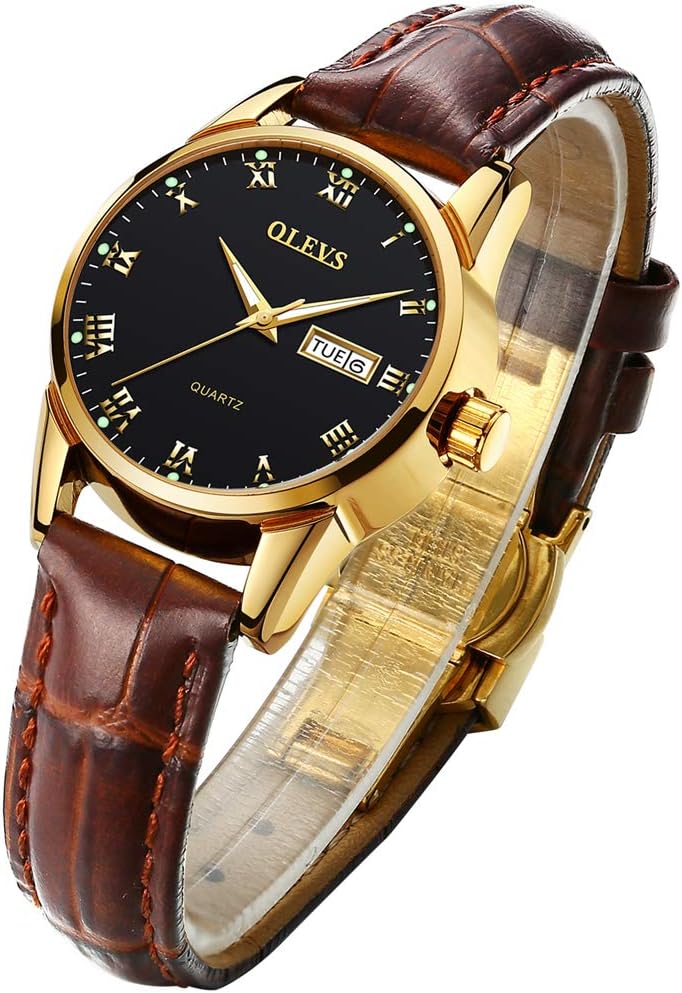 Women's Business Dress Watches for Ladies Female Brown Leather Strap Big Face Dress Analog Quartz Wrist Watch with Calendar Day Date Waterproof Luminous Gift Classic Casual Retro Band