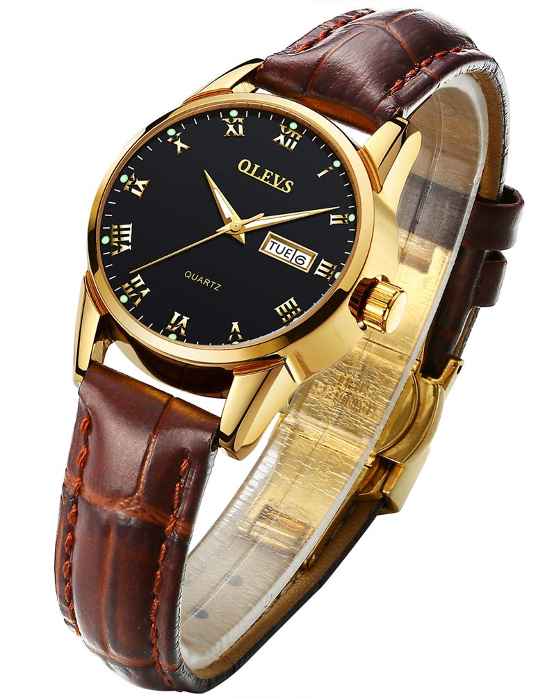 OLEVS Women's Business Dress Watches for Ladies Female Brown Leather Strap Big Face Dress Analog Quartz Wrist Watch with Calendar Day Date Waterproof Luminous Gift Classic Casual Retro Band