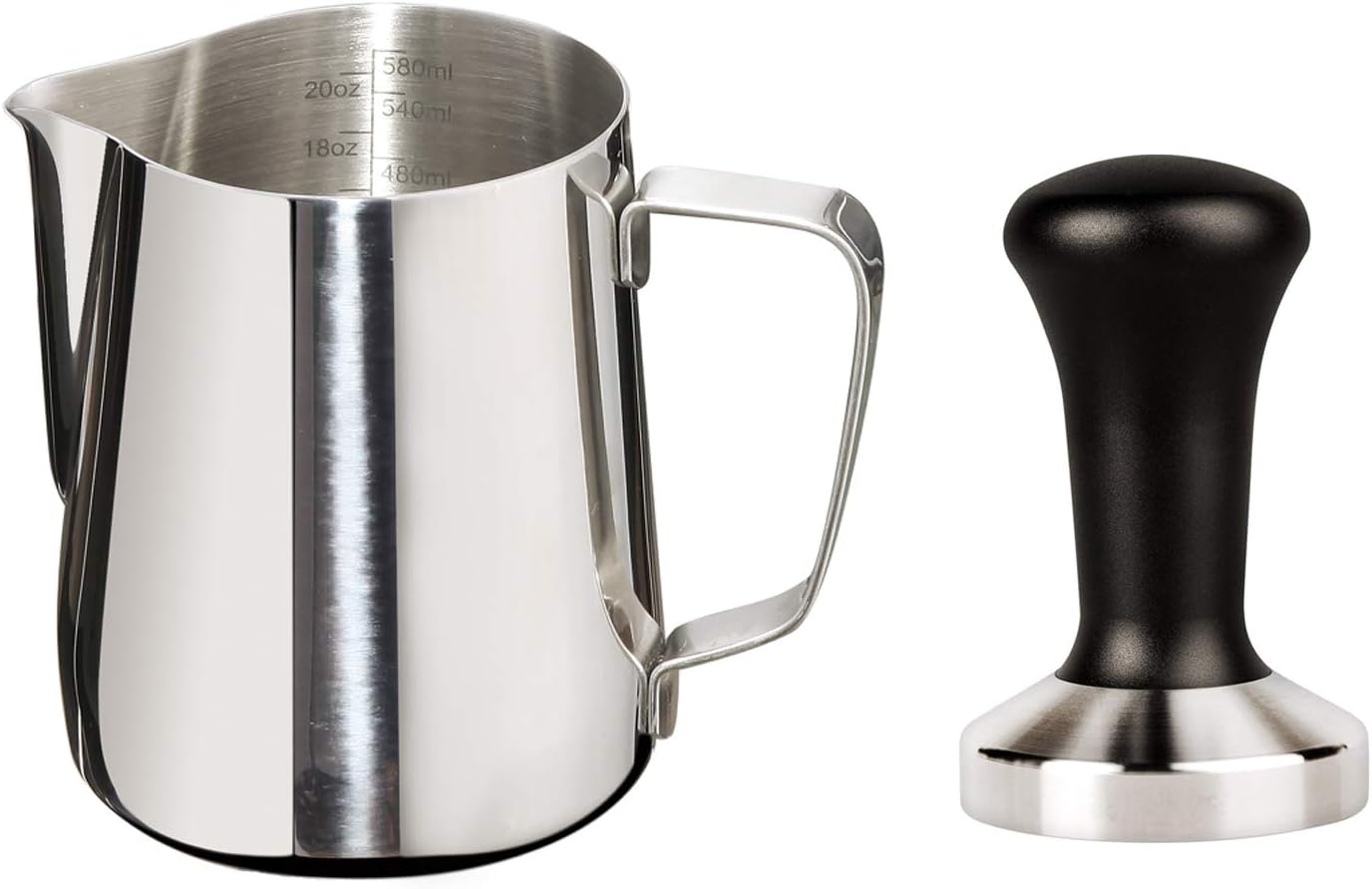 Joytata 20oz Milk Frothing Pitcher 51mm Stainless Steel Espresso Tamper Set-Milk Pitcher with Measurement Scale,Stainless Steel Steam Pitcher Coffee Tamper Set Perfect for Espresso Machine-Froth Cup