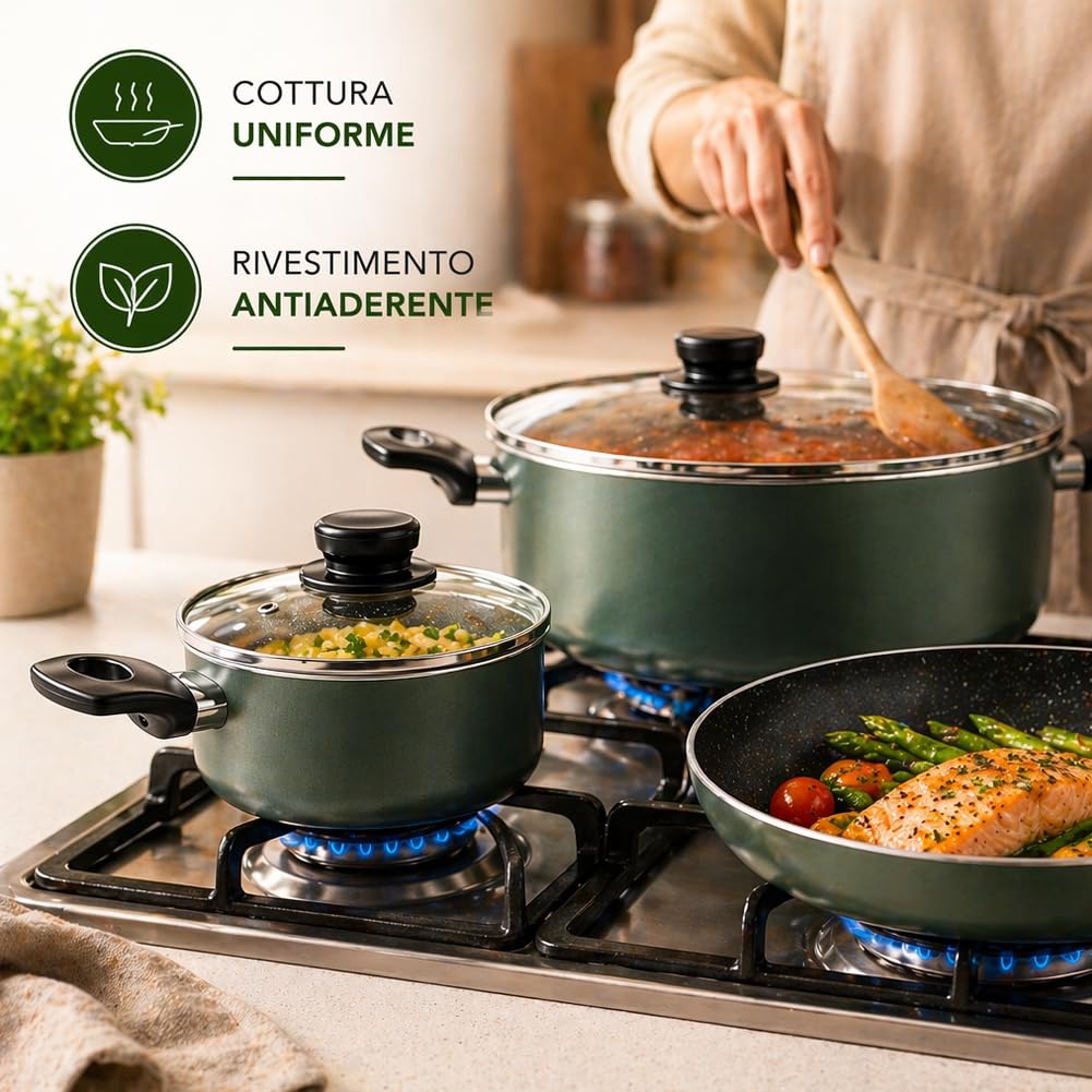 BAKAJI Batteria di Pentole Natura Più Colore Verde con Fondo Antiaderente e Manico Cool Touch, Accessori Mestoli, Impugnatura Ergonomica, Coperchi in Vetro, Casseruola e Padella con Cottura Omogenea