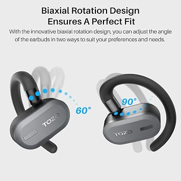 TOZO O2 True Open Ear Wireless Earbuds with Multi-Angle Adjustment, Bluetooth 5.3 Headphones with Bass Sound, Crystal-Clear Calls, 42 Hrs Playtime, Long-Lasting Comfort for Work, Driving, Sport Black