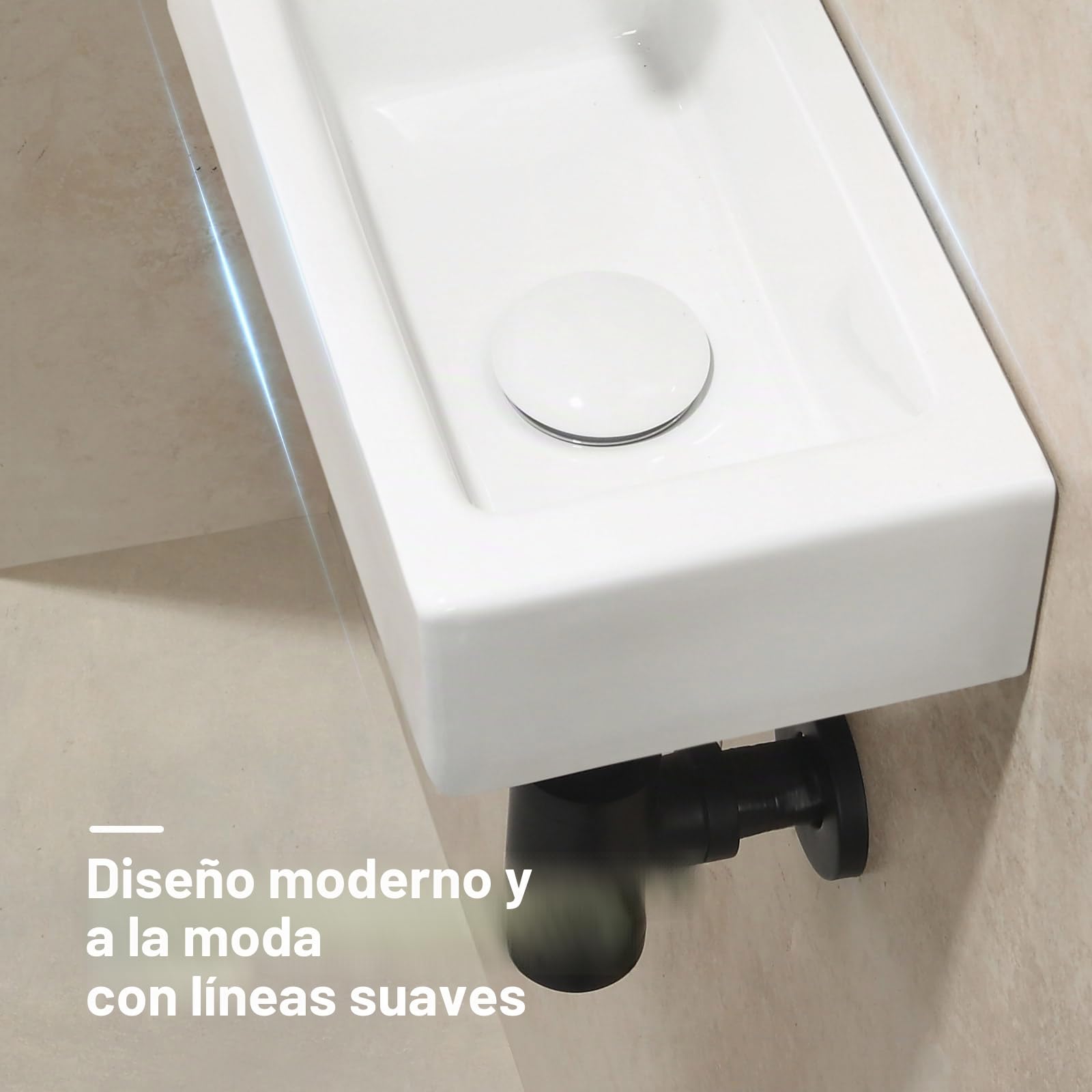 HOROW Lavabo colgante de pared, rectangular, de cerámica, porcelana, pequeño, para invitados, orificio para grifo a la izquierda, 370 x 185 x 90 mm