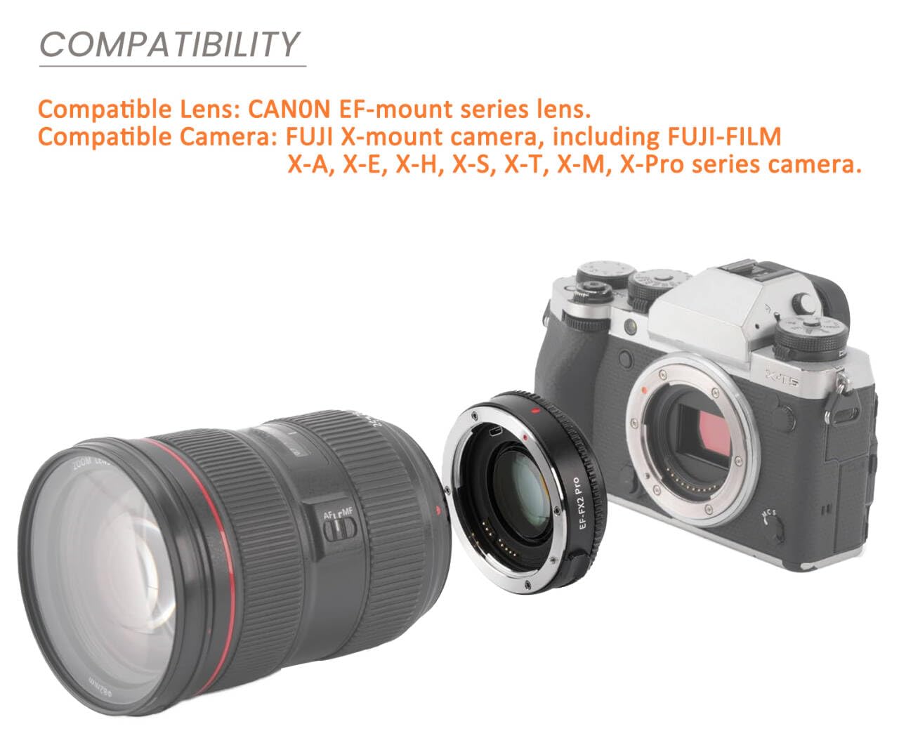 EF-FX2 Pro - Adattatore per obiettivo con messa a fuoco automatica, compatibile con obiettivo Canon EF su fotocamera X-Mount Fuji-film x-a1/2/3/5/10/20, x-t1/2/3/10/20/100, x-e1/2/3, x-pro1/2, x-h1