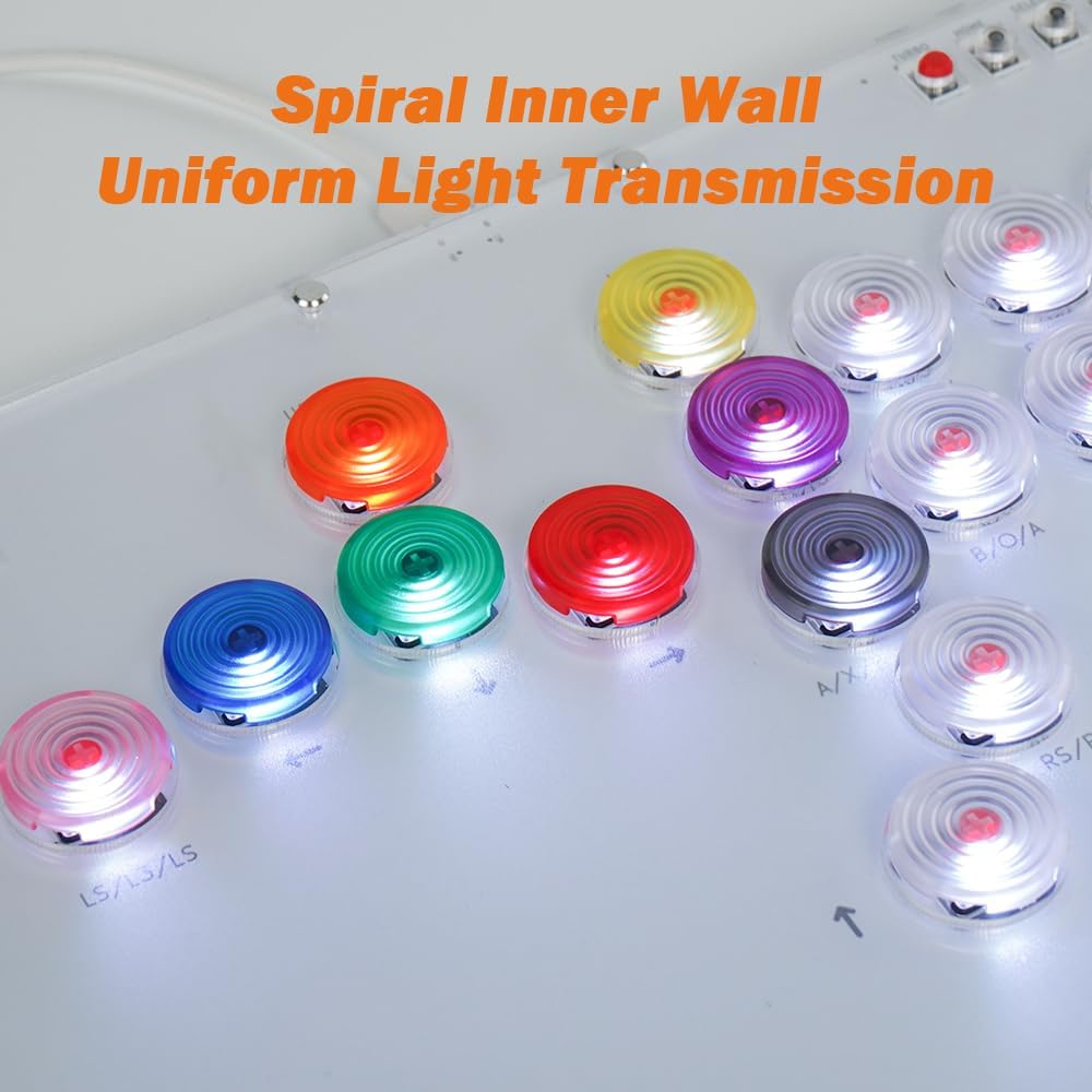 Multiple colored button caps installed on an arcade board, demonstrating light transmission.