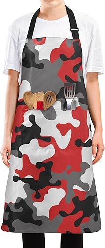 KOPIRIT Delantales de camuflaje rojo y gris para mujeres y hombres con bolsillos, impermeable, delantal de cocina, jardinería, delantal de cocina