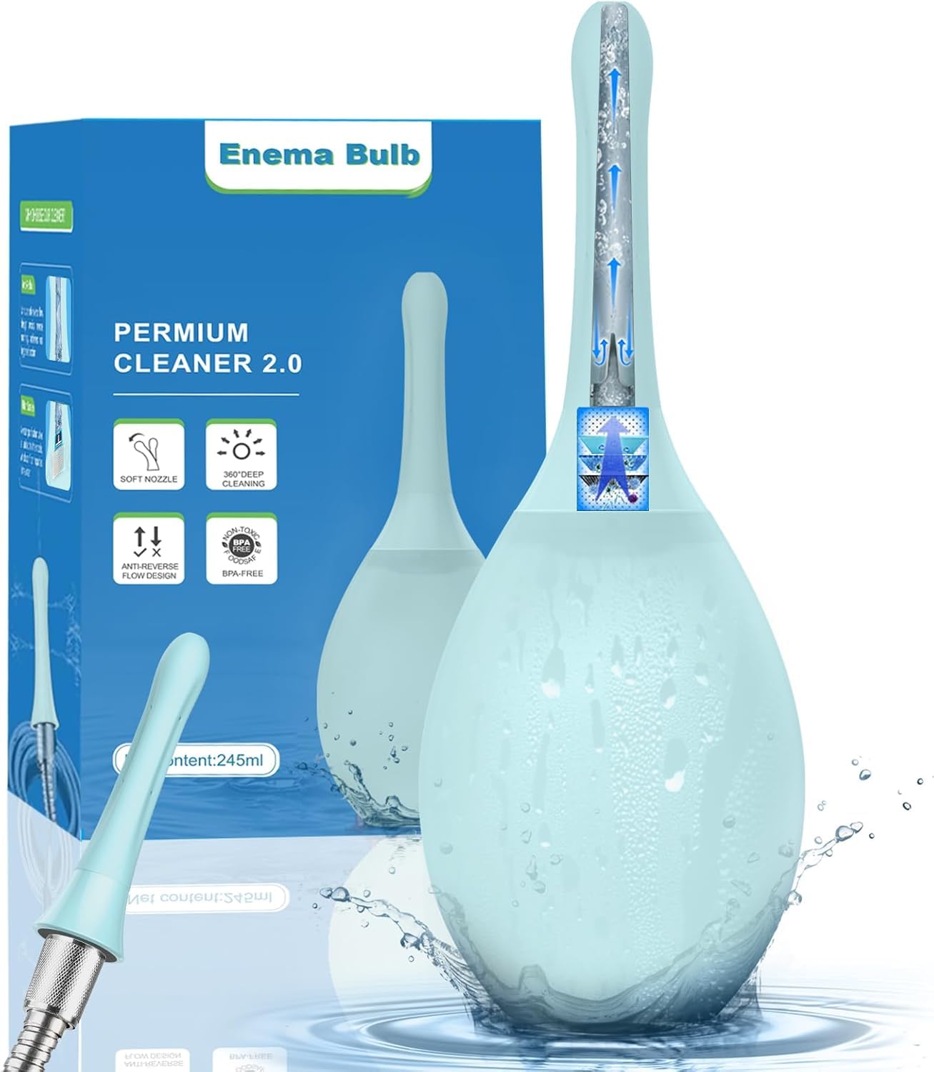 Enema Douche Anti Back-Flow, Douche Connected to Shower Hole,Enema Bulb with 7 Spouts, Reusable Portable Enima Vaginal Cleaner kit for Men Women (Blue)