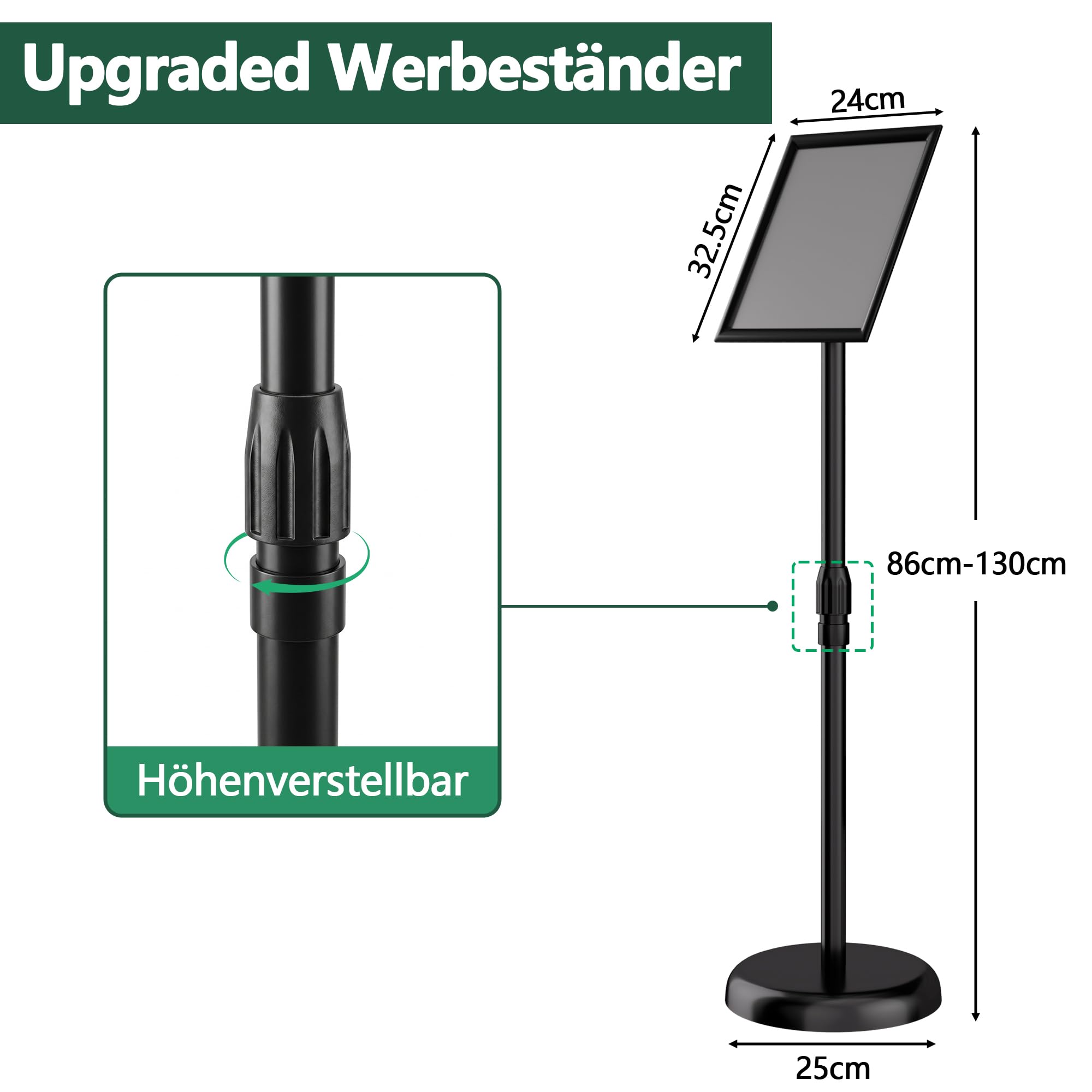 Infoständer DIN A4, Aufsteller, Kundenstopper, Höhenverstellbar, Plakatständer mit stabiler Basis, Präsentationsständer, A4 Werbeständer mit Drehbarem Display Einfachem Inhaltswechsel (Schwarz)