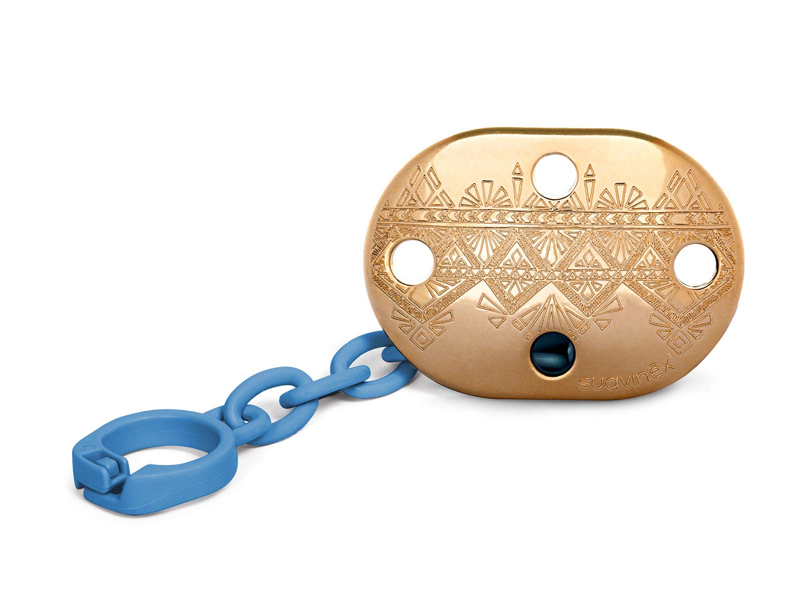 SuavinexPremium Haute Couture Baby Pacifier Brooch - Round Clip - 0% BPA - Ethnic Design with Embossed Colour Gold and Blue