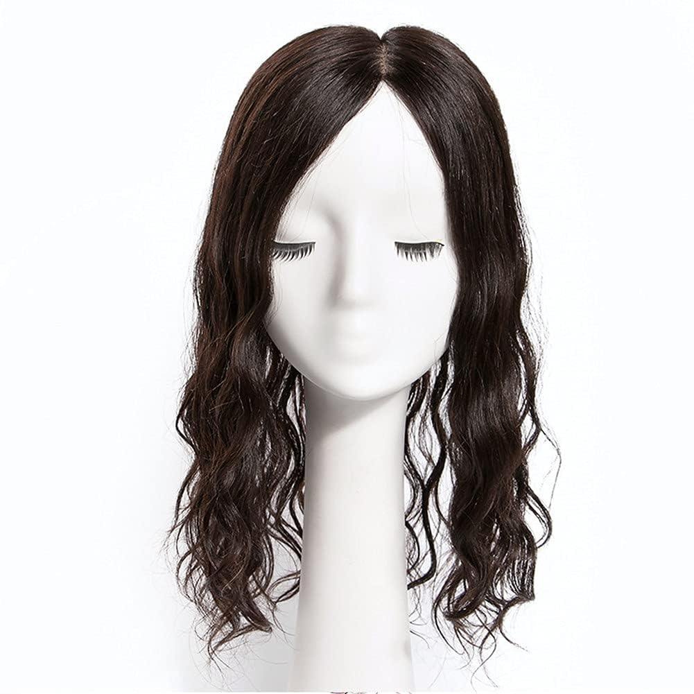 Clip On Topper For Women Wave Curly Human Hair 4.8" x 5.2" Silk Base Top Hairpieces Replacement Wiglet (Natural Black,14 Inch)