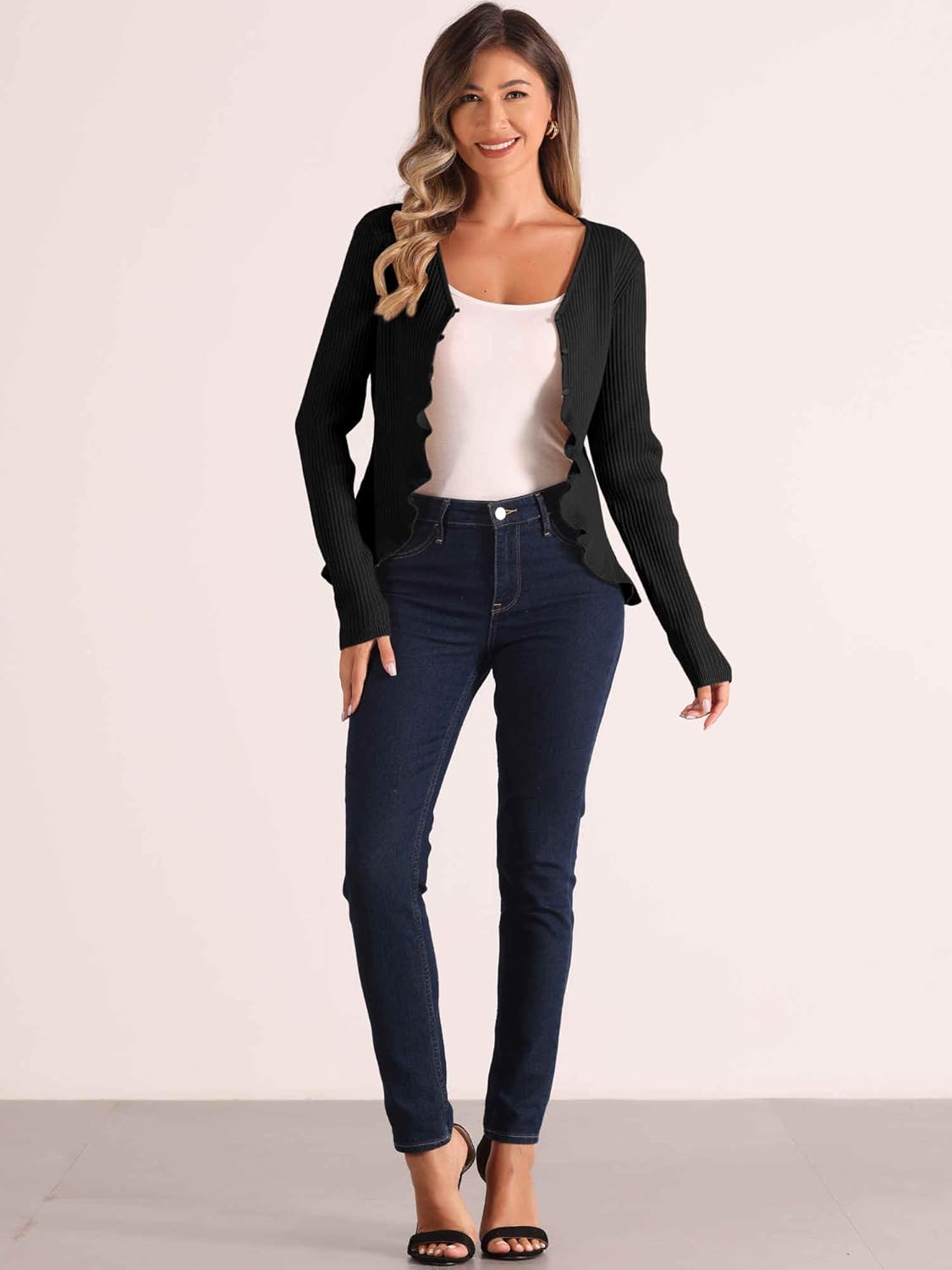 Allegra K Ruffle Cardigan for Women's V Neck Long Sleeve Open Front Sweater Knit Bolero Shrugs - Image 3