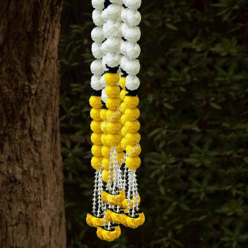 Divyakosh White and Yellow Marigold/Genda Flower Multipurpose Wall Hanging Pack of 4 Strings, Artificial Flower Latkan for Temple, Festival-Diwali/Ganpati Pooja Door Decor - 5 Feet โ image 1