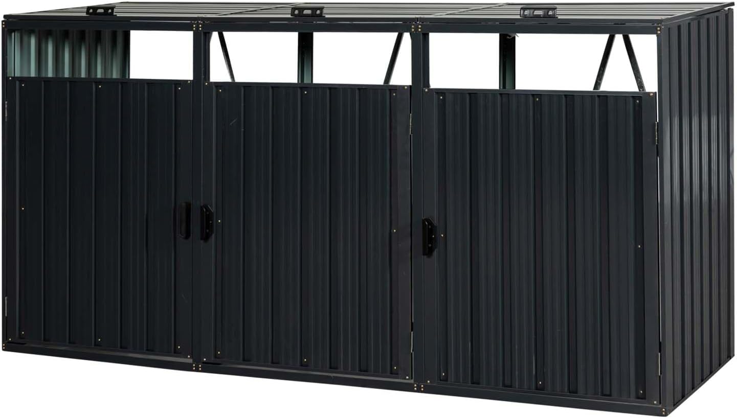 Outdoor Garbage Bin Storage Shed, Steel Trash Can Storage with Lockable Doors & Lids for 3 Trash Cans, Metal Garbage Can Hider for Outside Garden Yard Backyard Patio (3 Trash Can+Black)