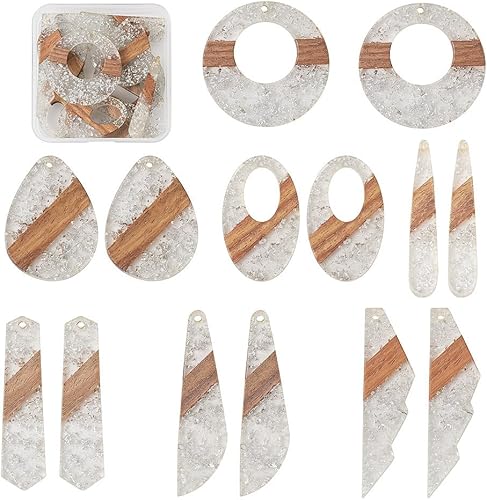 FASHEWELRY 14 Piezas Dijes para Aretes de Madera de Resina - Bases de Aretes de Madera con Lámina Plateada - Dijes Geométricos Bohemios - Piezas