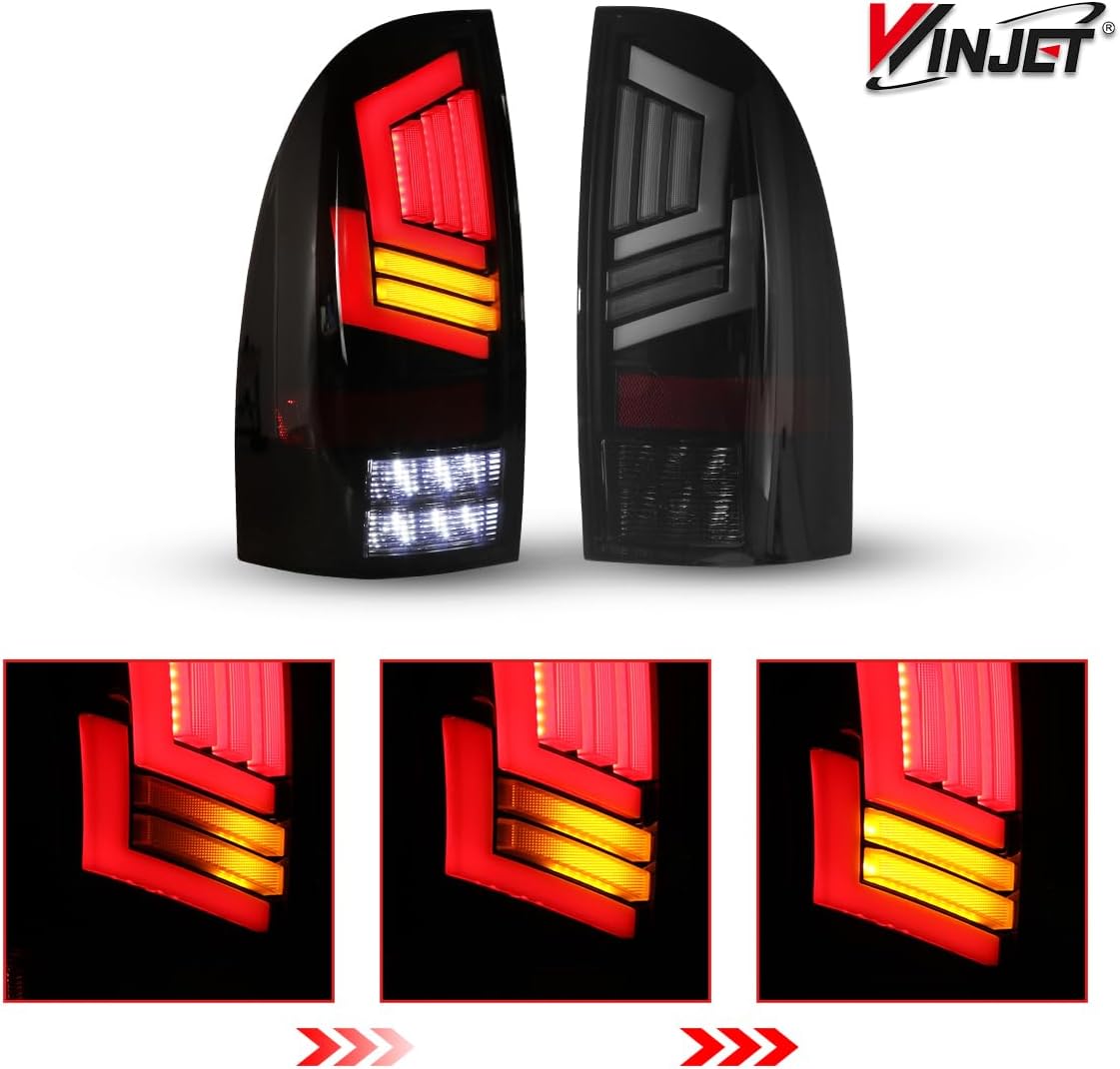 Winjet LED Tail Light Fit For 2005-2015 Toyota Tacoma, Taillight Assembly w/Yellow Sequential Turn Signal/Running/Brake/Reverse Light (Black/Smoked)