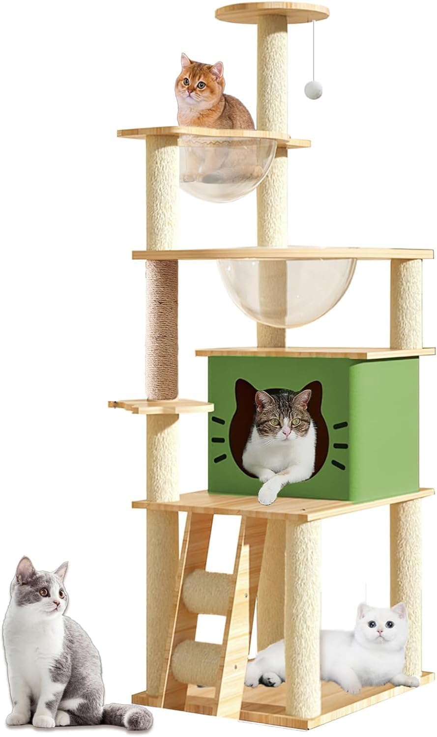 Mekidulu Cat Tree,145cm Cat Tree For Indoor Cats – Multi-Level Condo with 2 Bowls,1 House,2 Perches,1 Ladder,1 Pompoms,Bearing weight 15kg（Green N3）