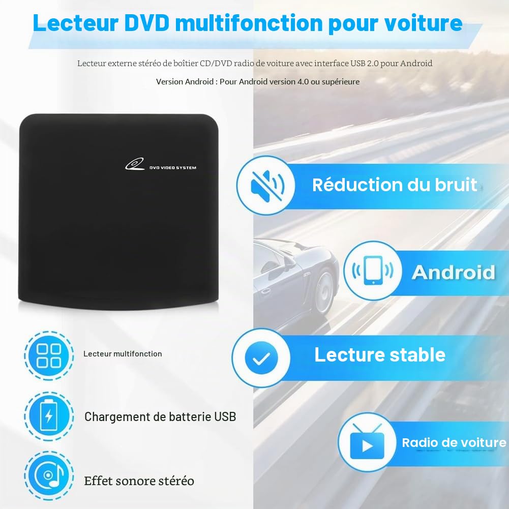 Lecteur CD Externe Portable Universel pour Voiture, Se Branche sur Le Port USB de la Voiture, Ordinateur Portable, Téléviseur pour Android 4.0 et Supérieur Navigation