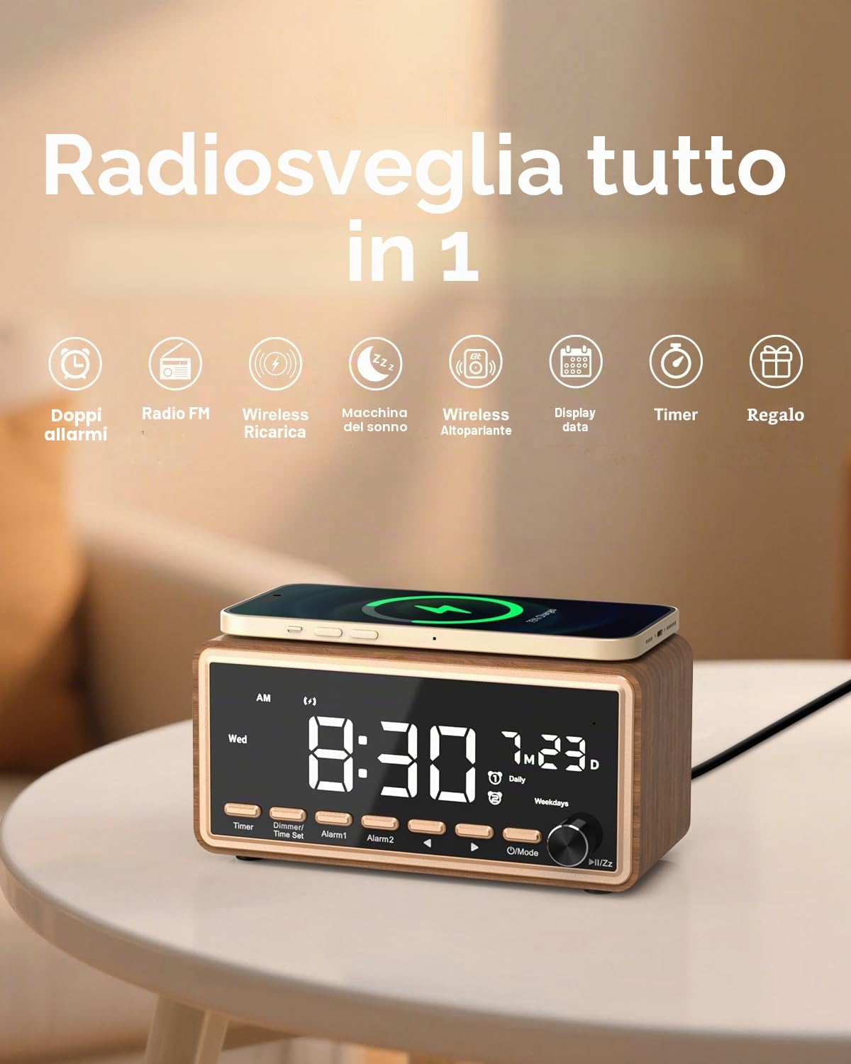 Sveglia digitale con radio FM, doppia allarme, altoparlante Bluetooth, White Noise Machine, Wireless Charger, orologio digitale dimmerabile, regalo di compleanno per donne, mamma e papà