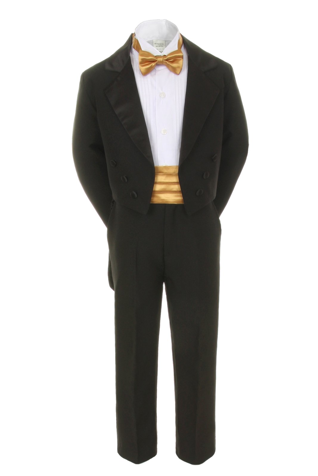 Unotux 7pcs Boy Black Suit Tuxedo with Tail Satin Gold Bow Tie Cummerbund (S-20) (2T)