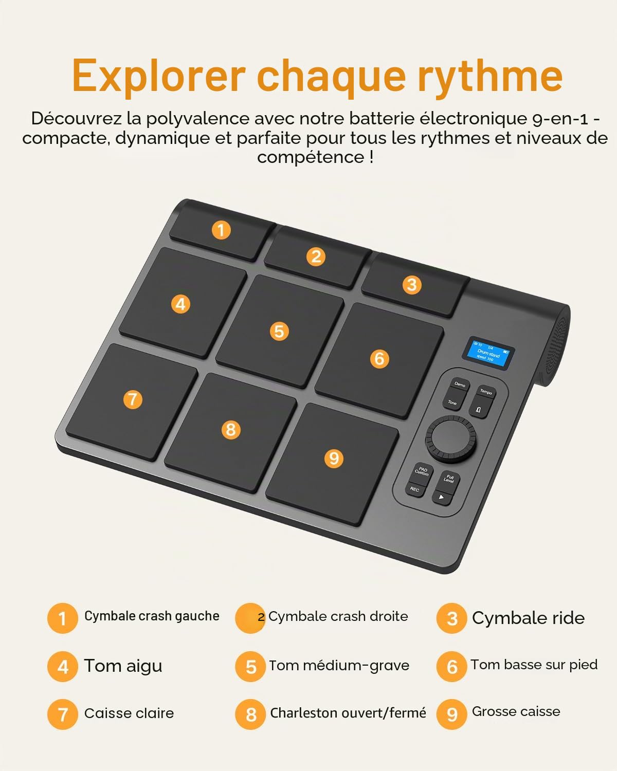 Kit de batterie électrique portable 9 pads avec écran LCD, deux haut-parleurs stéréo et pédales – Batterie numérique pour débutants/professionnels, compatible PC/Mac, pratique à domicile et