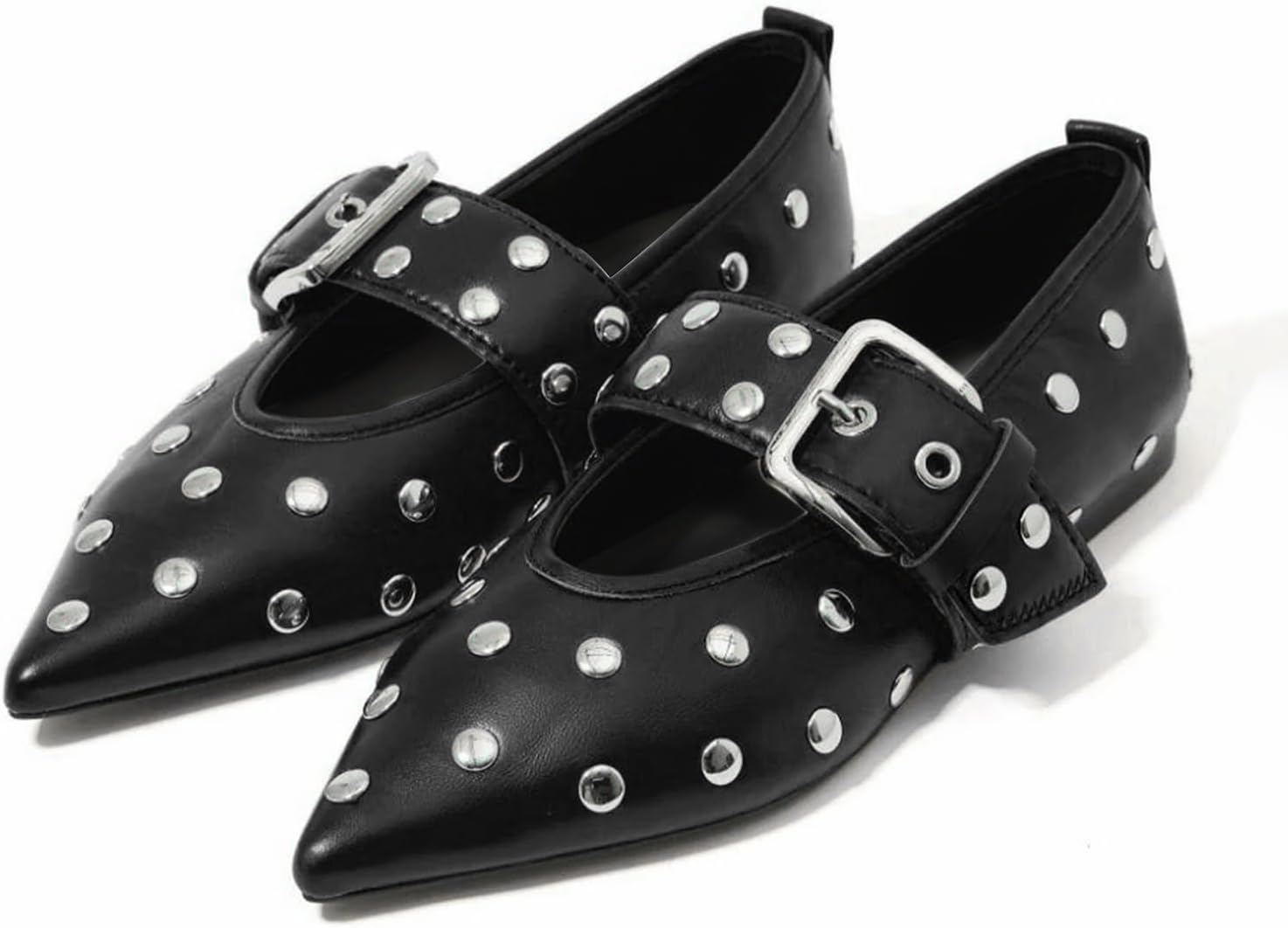 Studs Buckle Strap Ballet Flats Shoes for Women Pointed Toe Ballerina Shoes Mary Jane Flats Comfortable Casual Date Work Driving Dress Shoes