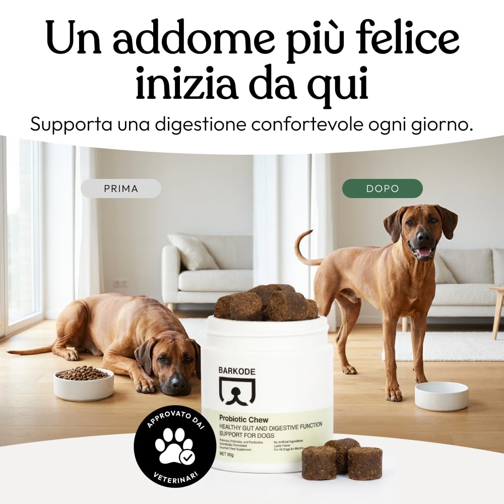 BARKODE Probiotico per Cani – Integratore Digestivo con Probiotici, Prebiotici e Postbiotici, Supporta Microbioma Intestinale e Digestione, Gusto, Senza Coloranti Artificiali, Prodotto in UE