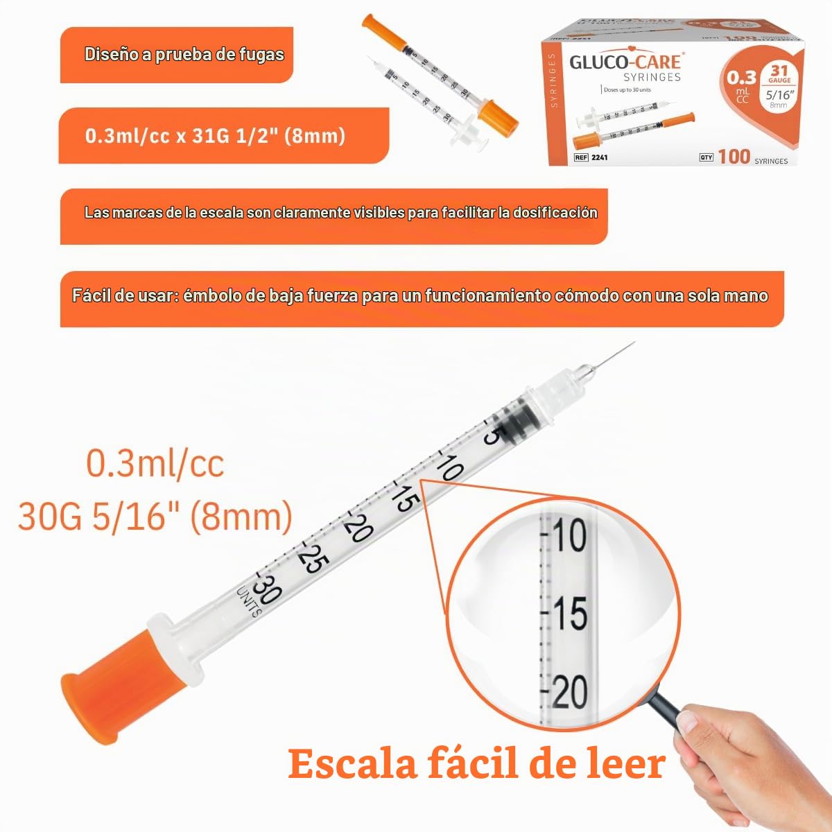 GLUCO-CARE Jeringas de 0.3 ml/cc de 31 g x 5/16 pulgadas (8 mm), tapa naranja, caja de 100 unidades