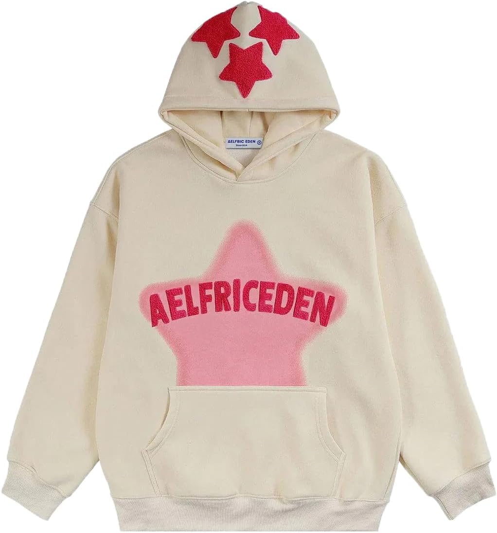 Men's Oversized Vintage Hoodie Stars Casual Sweat Jacket Basic Pullover with Hood Thin Sweatshirt Streetwear Zip Up Hoodie Y2K