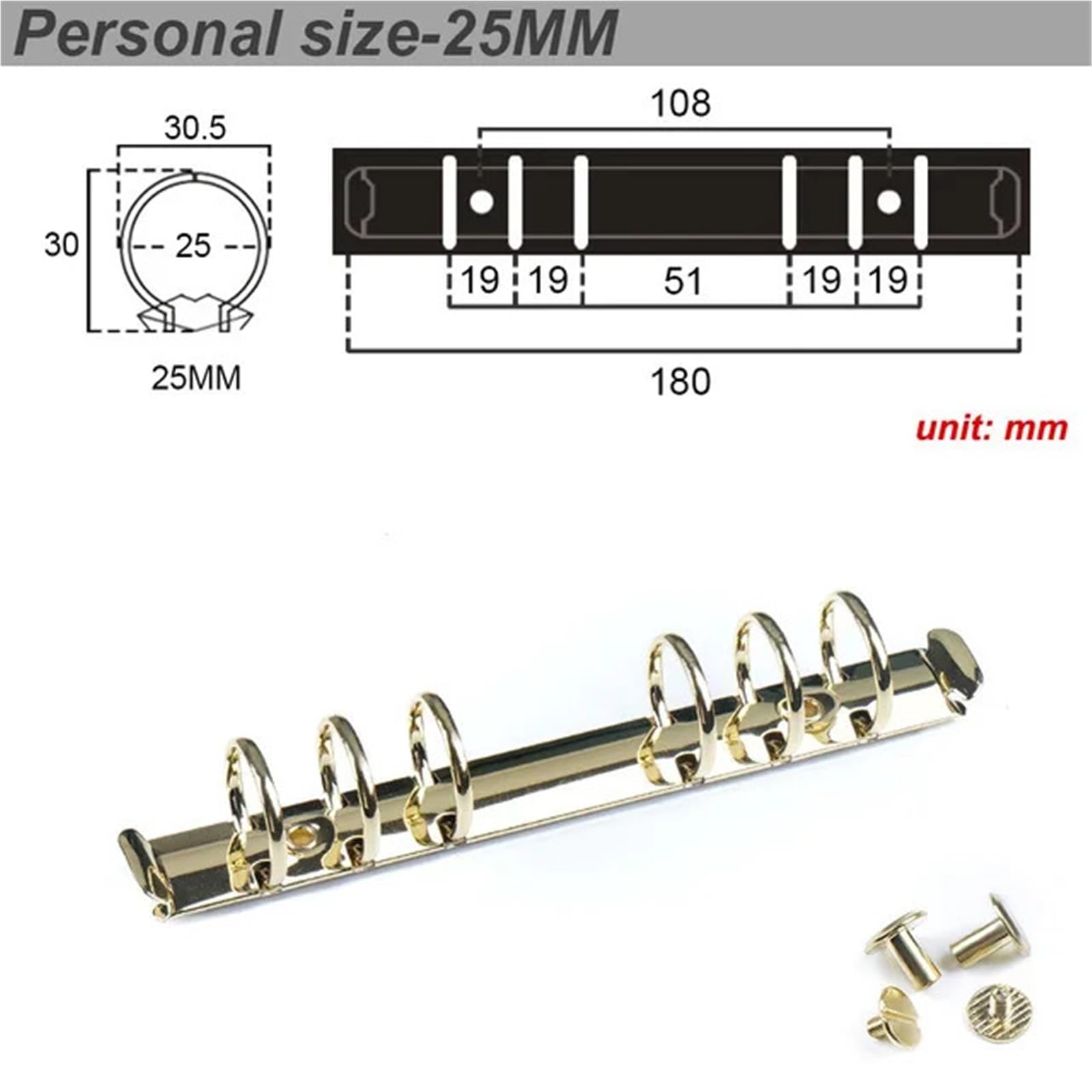 Raccoglitore ad anelli A5 Meccanismo for raccoglitore ad anelli in metallo a fogli sciolti 8 pezzi Cerchi for rilegatura ricaricabili Clip a spirale A5 A6 A7(Gold-personal-25mm)