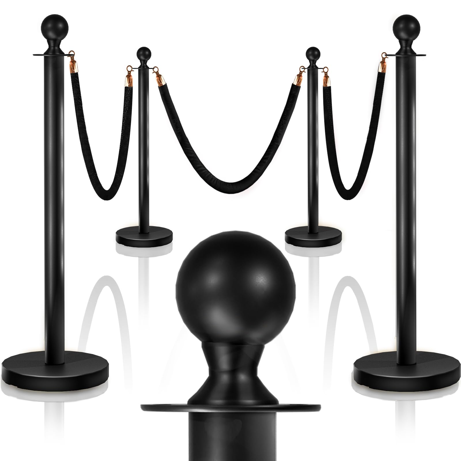 4PCS Black Stanchions Posts with 3PCS 5 ft Black Velvet Rope, Black Velvet Rope Stanchion Set Crowd Control Barriers, Stanchions and Velvet Ropes Red Carpet Poles for Party Supplies
